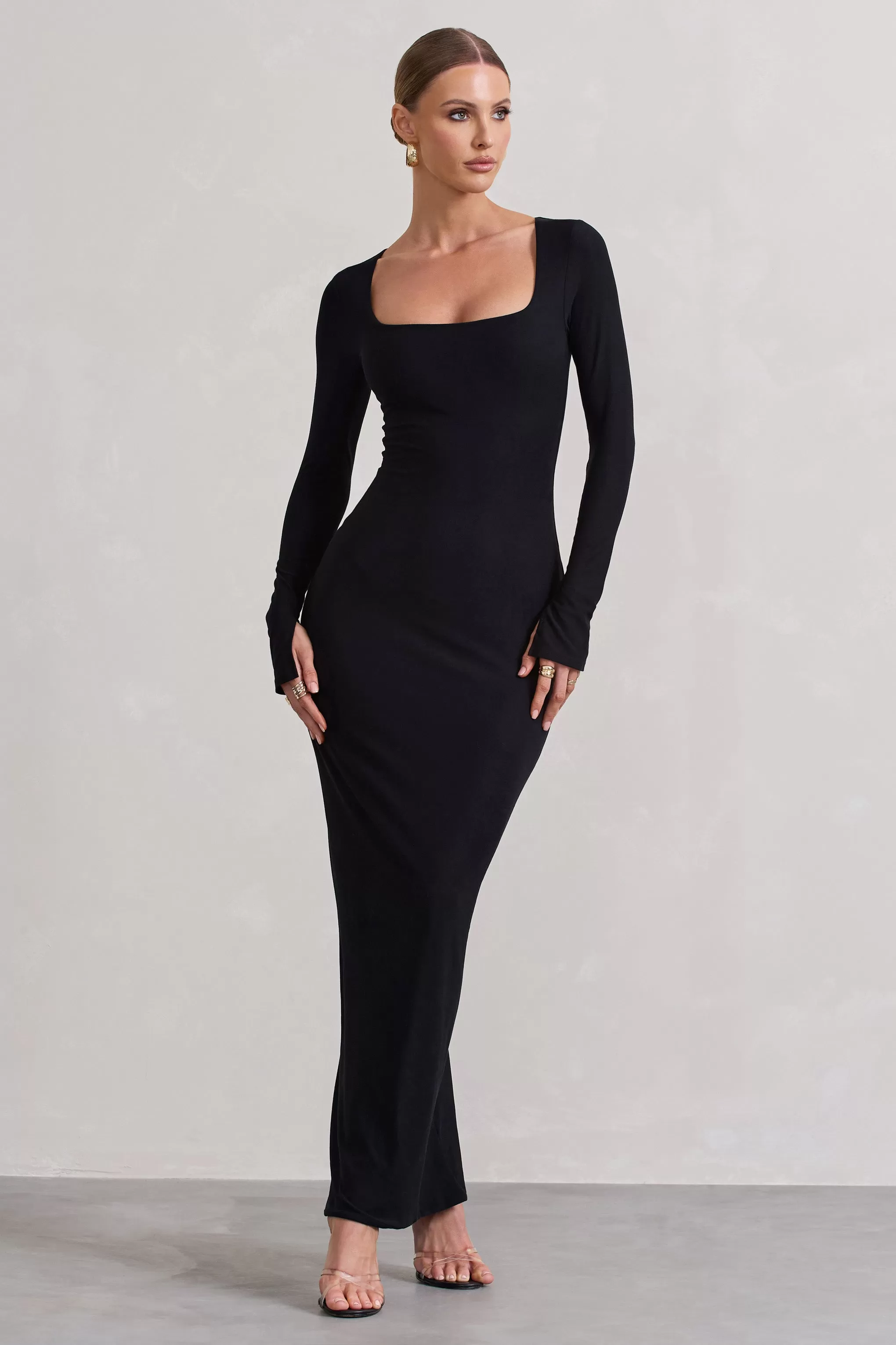 Viva | Black Square-Neck Long-Sleeve Maxi Dress