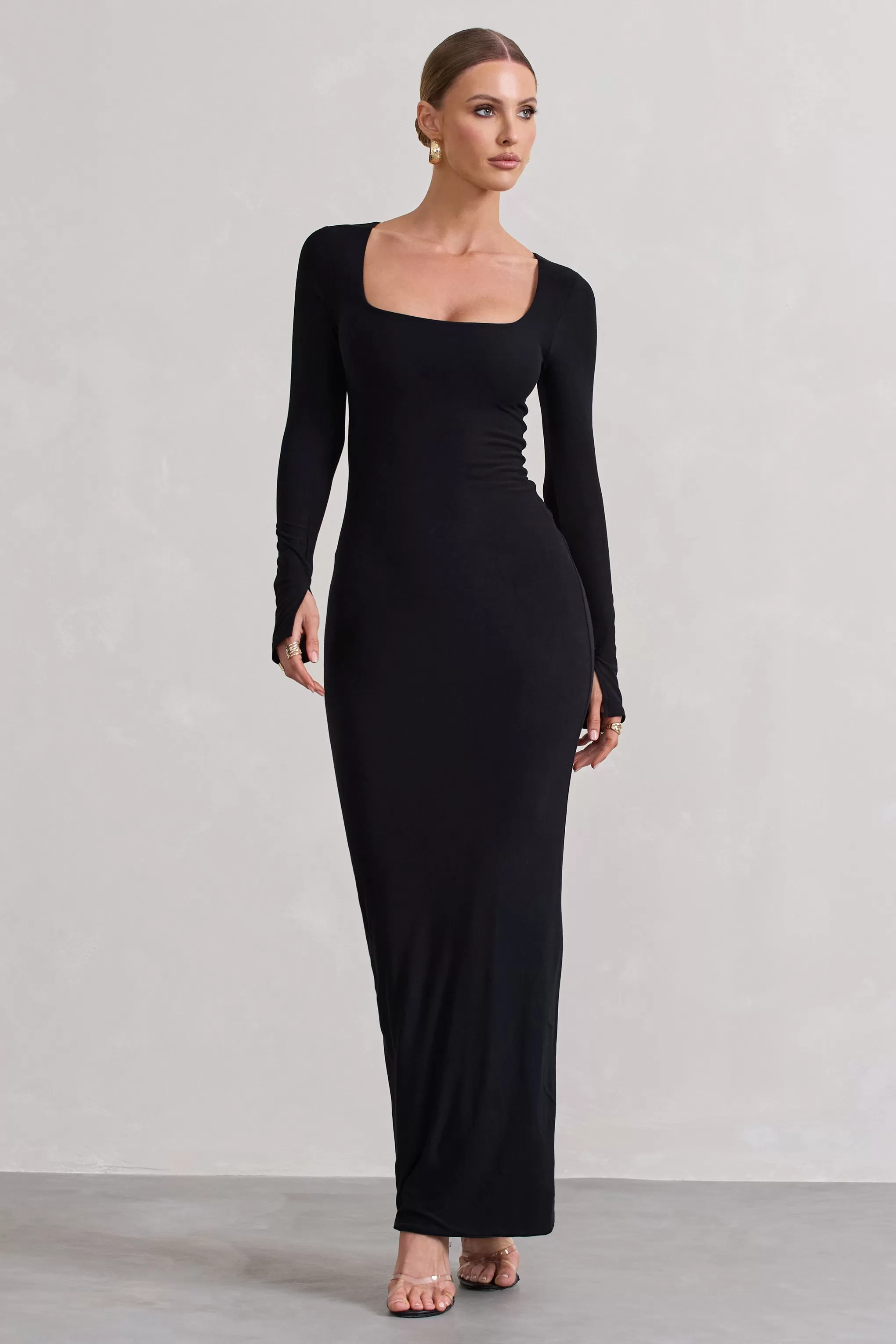 Viva | Black Square-Neck Long-Sleeve Maxi Dress