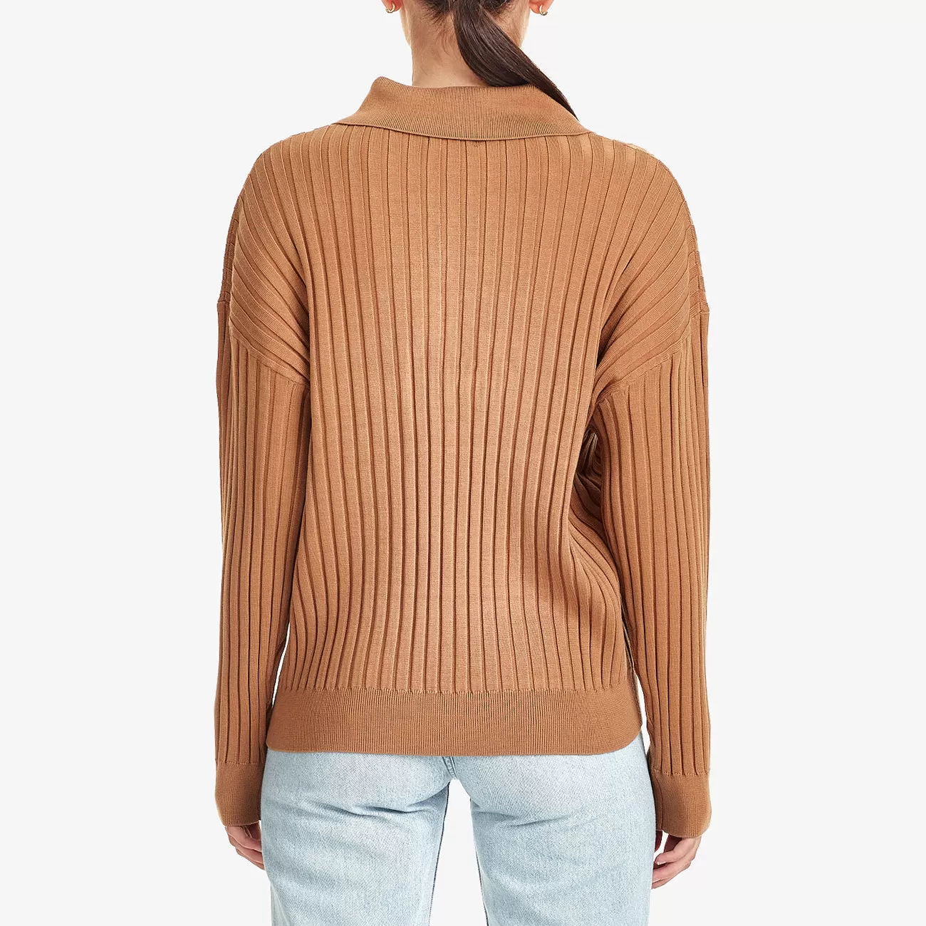 W RIB KNIT LS  POLO HAZELNUT