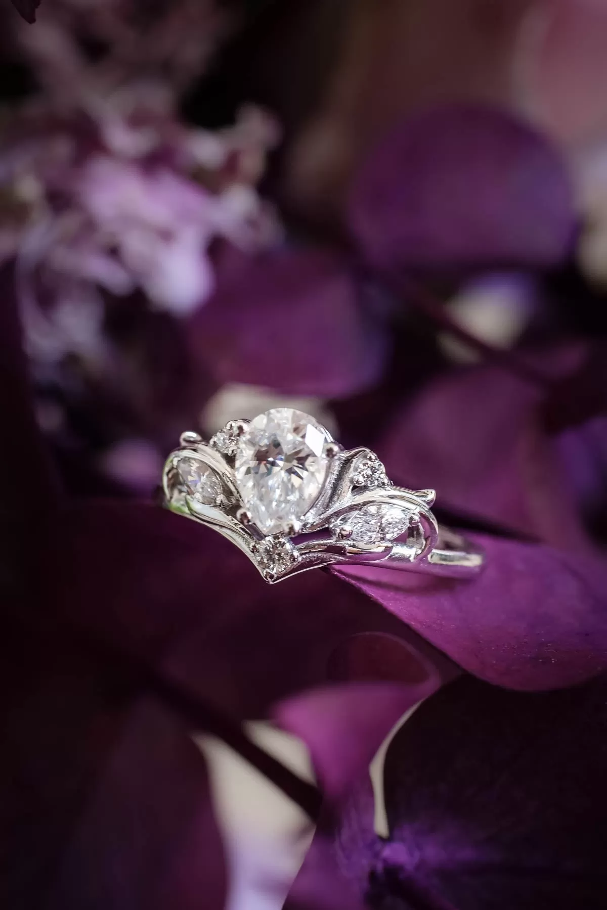 White gold engagement ring with pear cut lab grown diamond, white gold proposal ring with diamonds / Swanlake