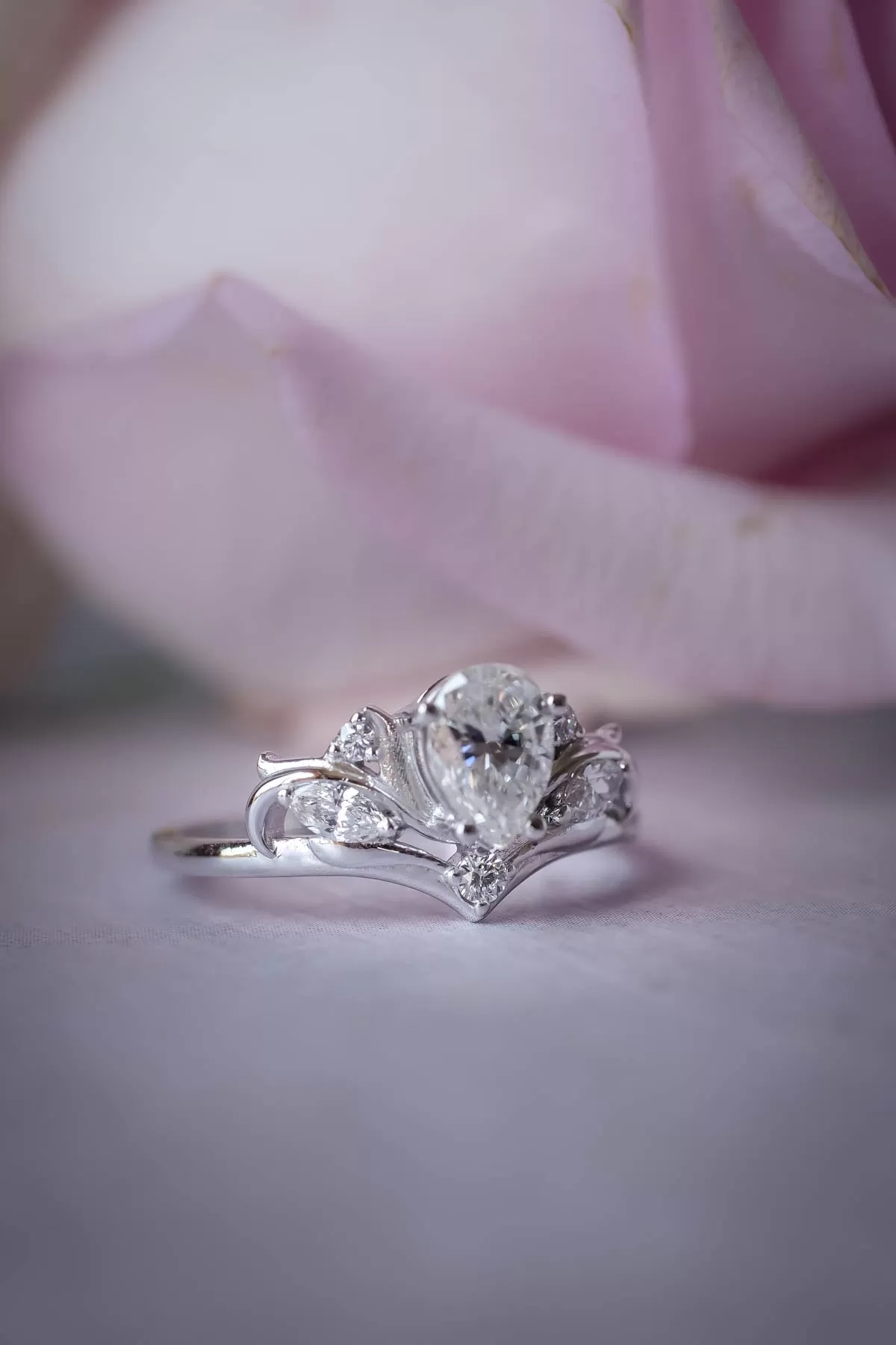 White gold engagement ring with pear cut lab grown diamond, white gold proposal ring with diamonds / Swanlake