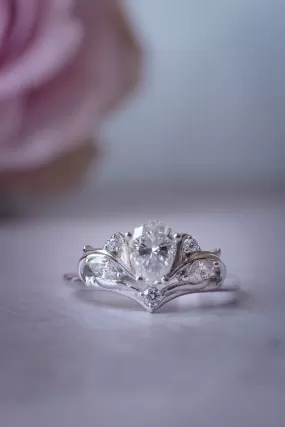 White gold engagement ring with pear cut lab grown diamond, white gold proposal ring with diamonds / Swanlake