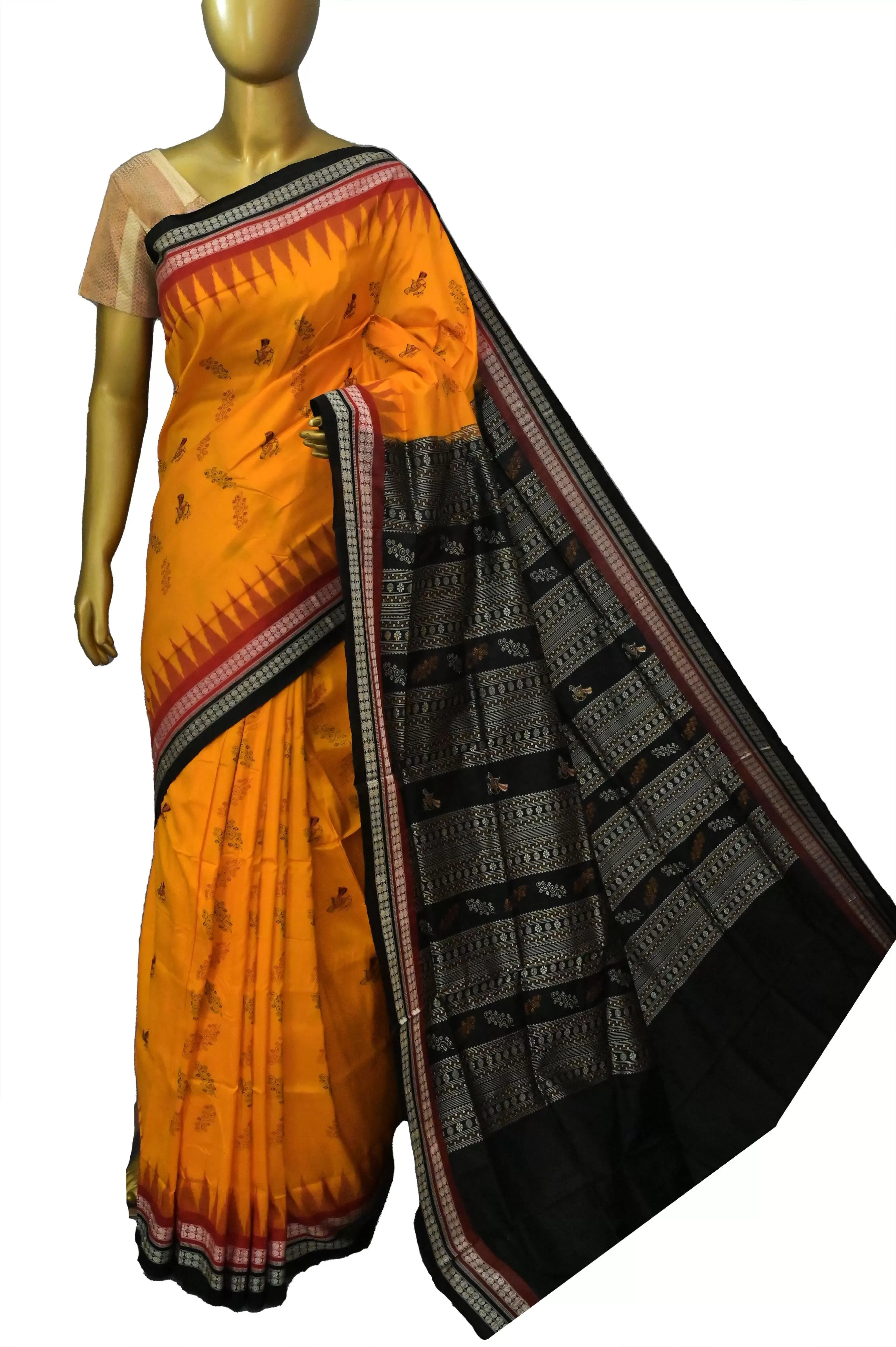 Yellow Color Bomkai Saree with Double Border and Temple Design