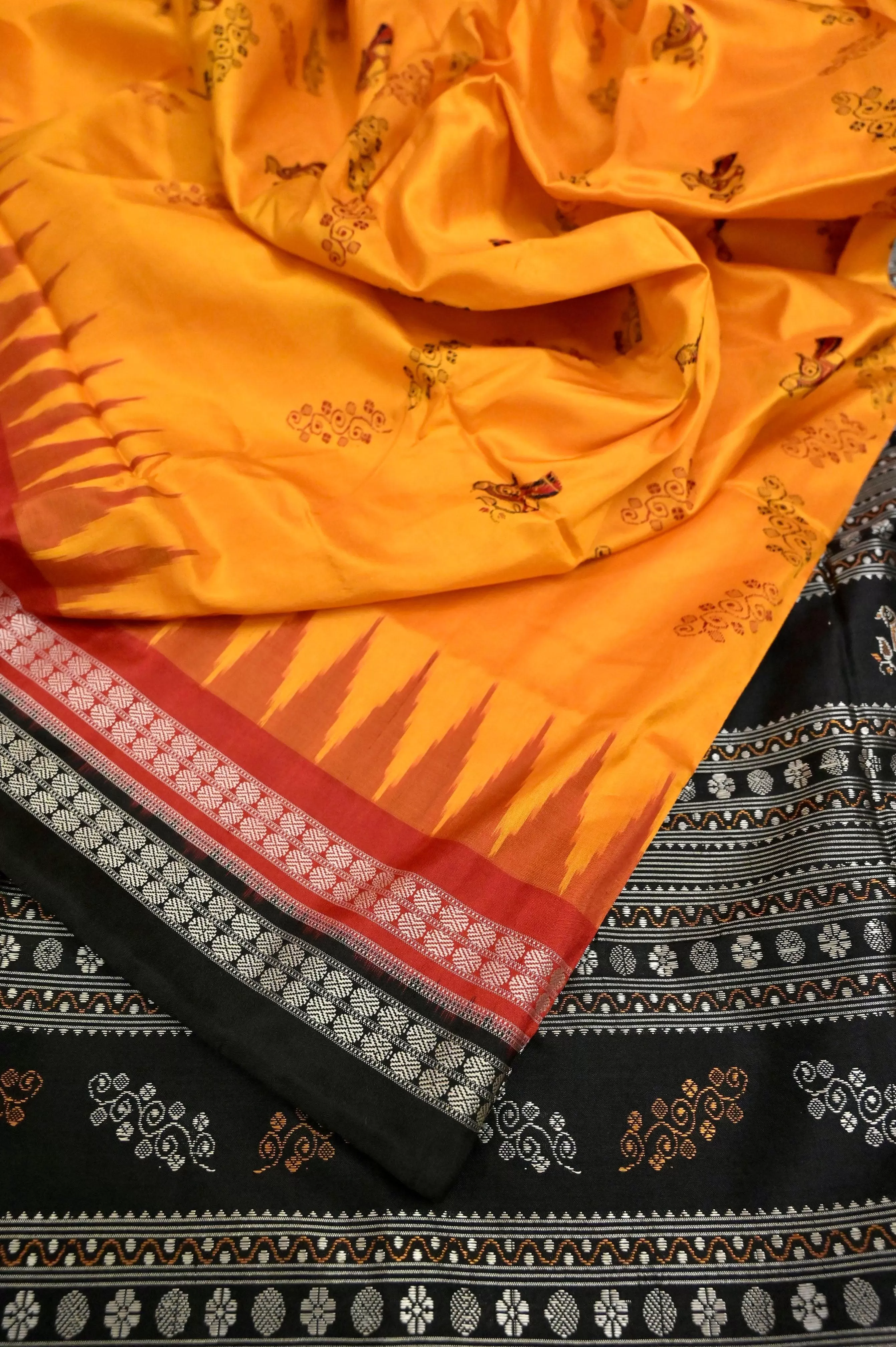 Yellow Color Bomkai Saree with Double Border and Temple Design