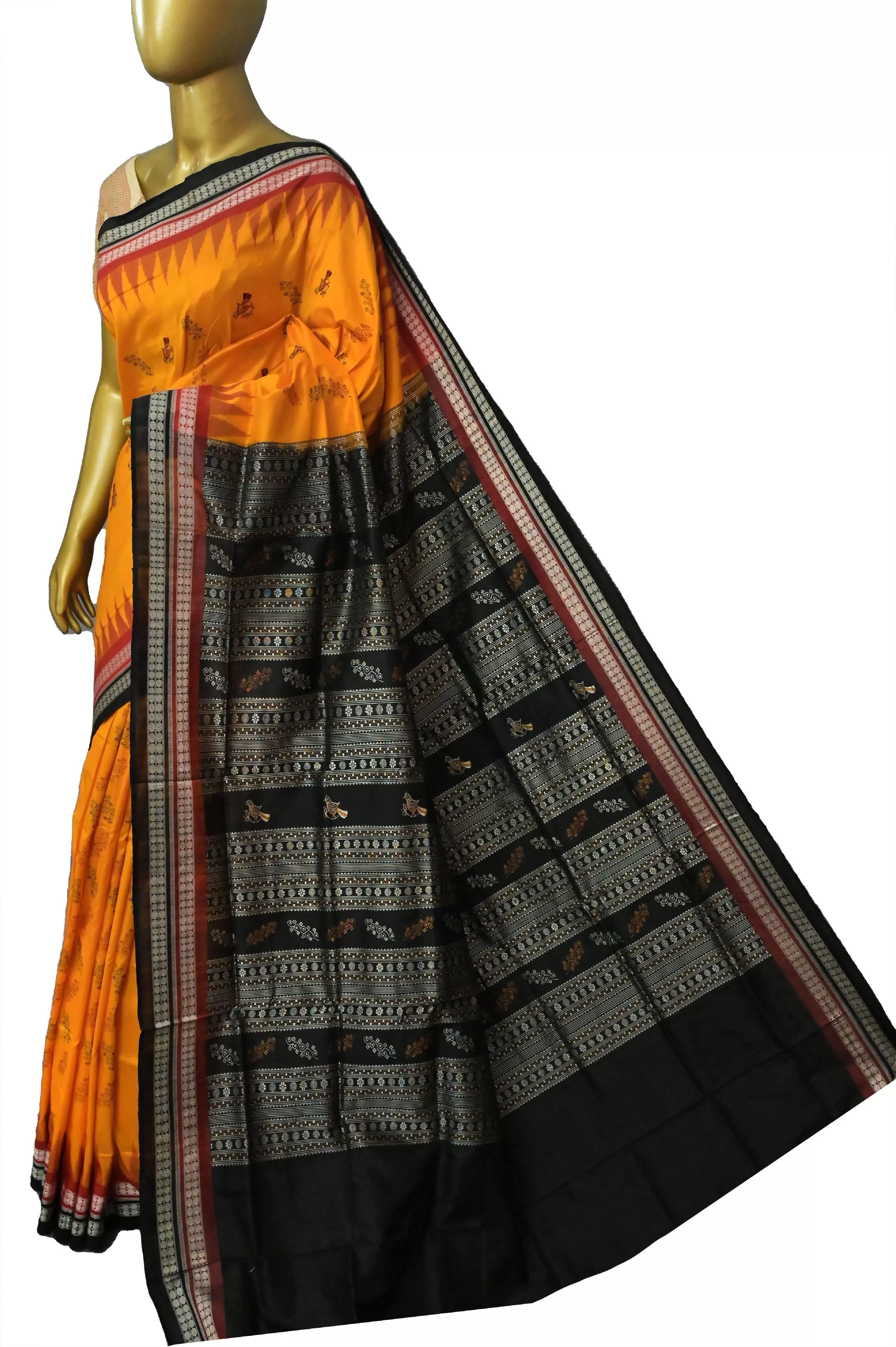 Yellow Color Bomkai Saree with Double Border and Temple Design